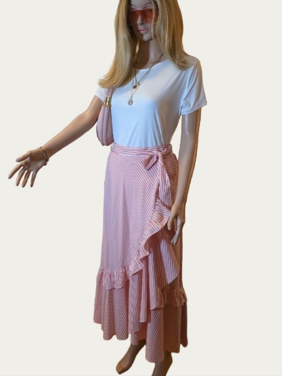 Maeve Dresses & Skirts - Maeve Anthropologie Penny Ruffled Wrap Midi Skirt Pink White Striped Sz S EUC